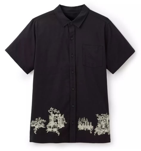 Black Disney-inspired shirt featuring detailed landscape print, perfect for Disney fashion lovers.