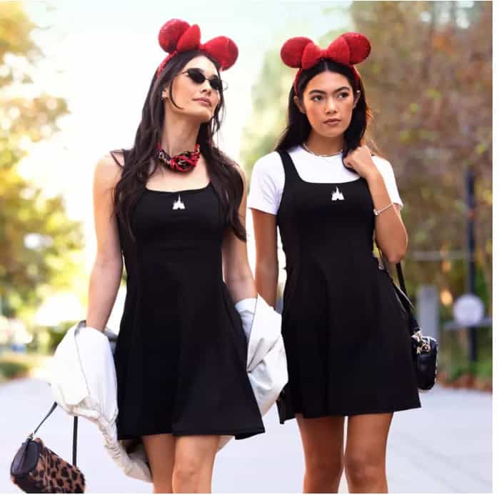 Cute Disney-themed Minnie Mouse ear headbands for women, paired with stylish black dresses, perfect for Disney fashion lovers.