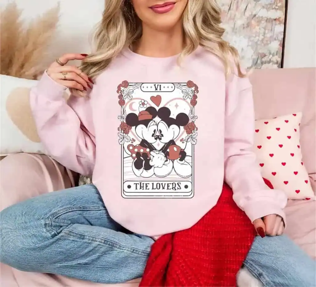 Cute Disney Mickey and Minnie tarot-themed sweatshirt, perfect for Disney fashion lovers and Disney fans.