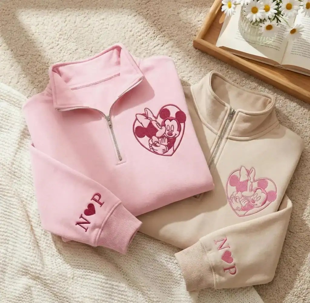 A pink and beige Disney sweatshirt featuring Minnie and Mickey Mouse with heart motifs, ideal for Disney-themed casual fashion.