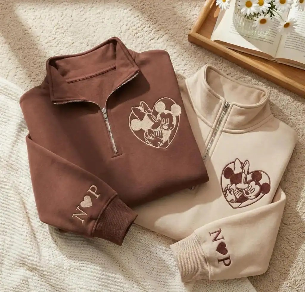 Cozy Disney Mickey and Minnie Mouse sweatshirt with heart graphic, perfect for Disney fans and casual stylish wear.