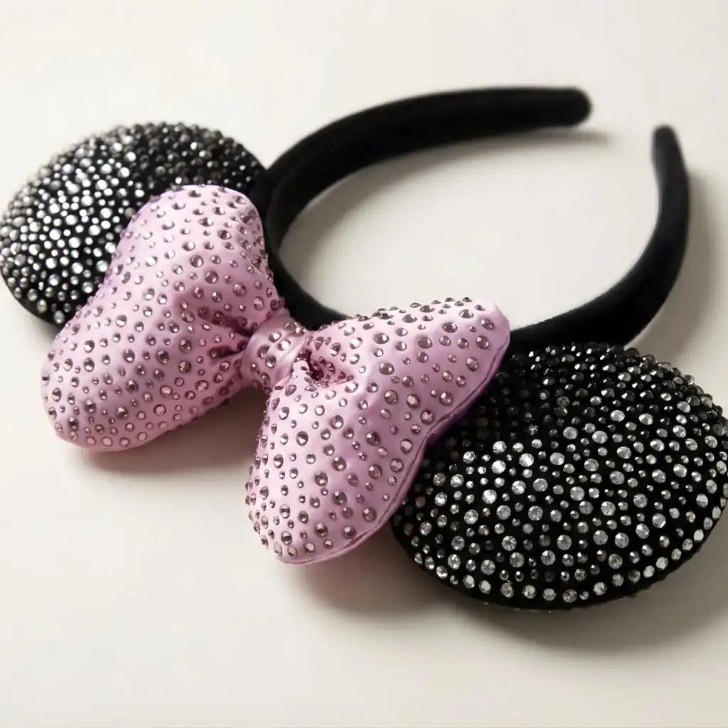 Elegant rhinestone bow headband with black ears for Disney-inspired fashion.