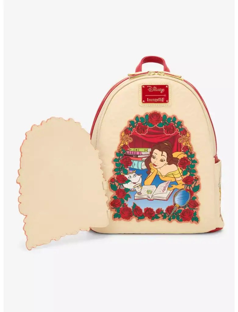 Disney backpack featuring Belle reading a book surrounded by roses and a white cat, perfect for Disn.