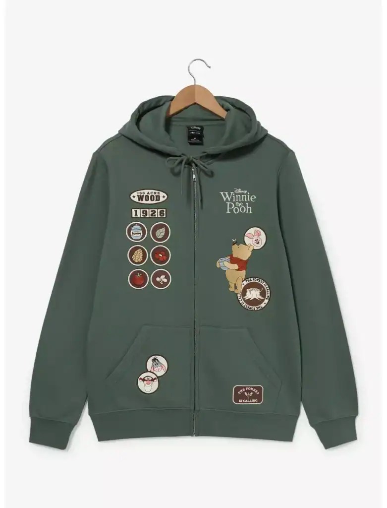 Green Winnie the Pooh hoodie with patches and embroidery, casual Disney fashion.