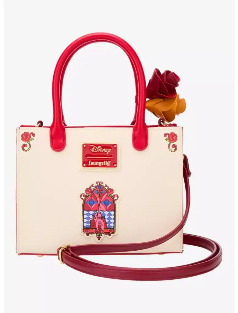 Disney Loungefly Minnie Mouse handbag with floral and stained glass design.