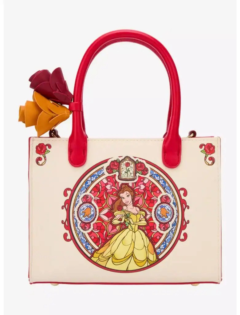 Disney Princess tote bag featuring Belle from Beauty and the Beast with floral accents and vibrant c.
