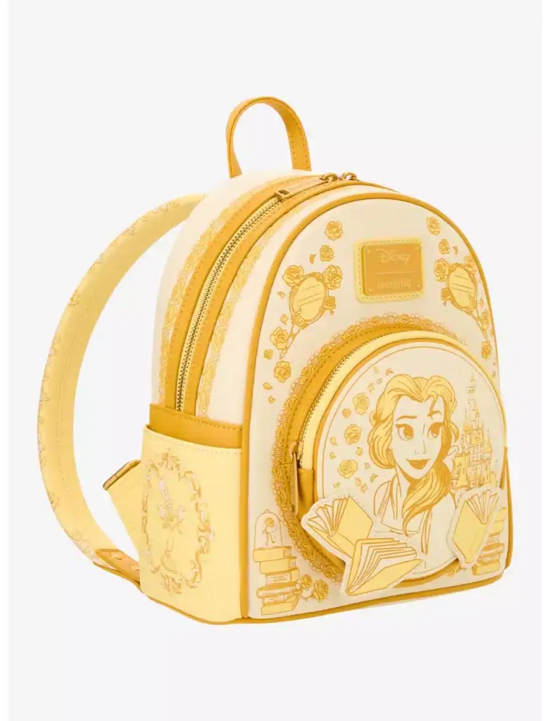 Disney princess backpack with book and fairy tale design.