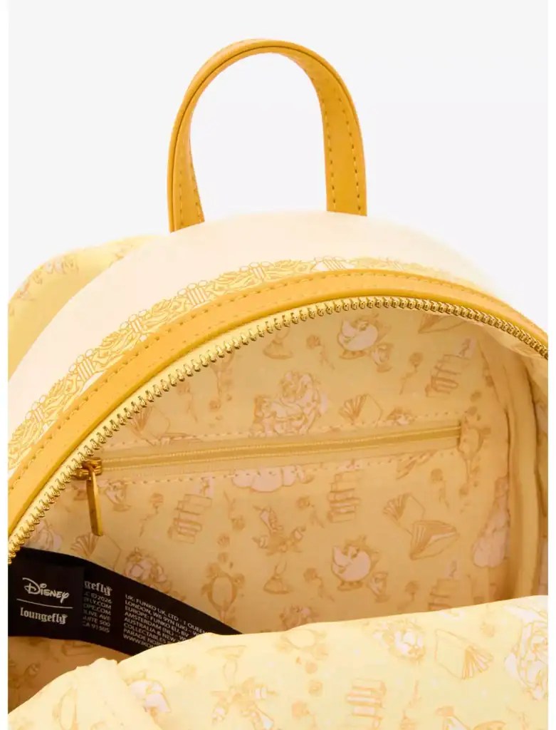 Disney Princess backpack featuring a yellow and cream color scheme and charming character prints.