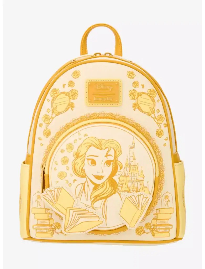 Disney Princess Belle backpack featuring castle and book illustrations, perfect for young Disney fan.