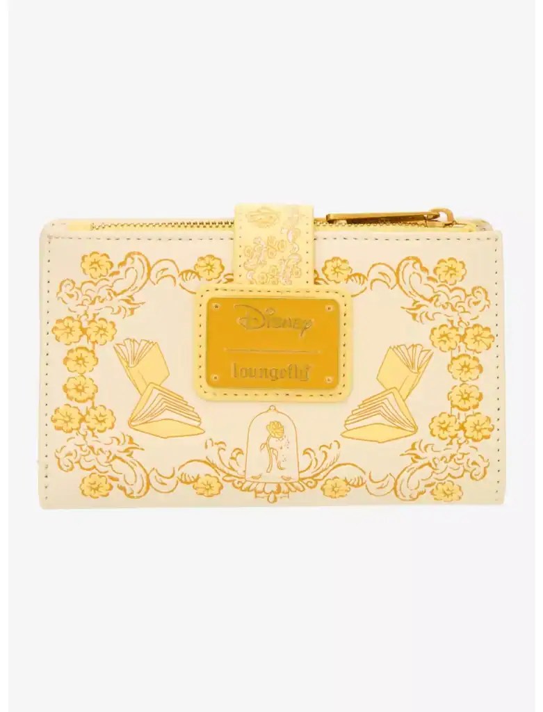 Disney Loungefly wallet featuring a book and floral pattern in gold and cream tones.