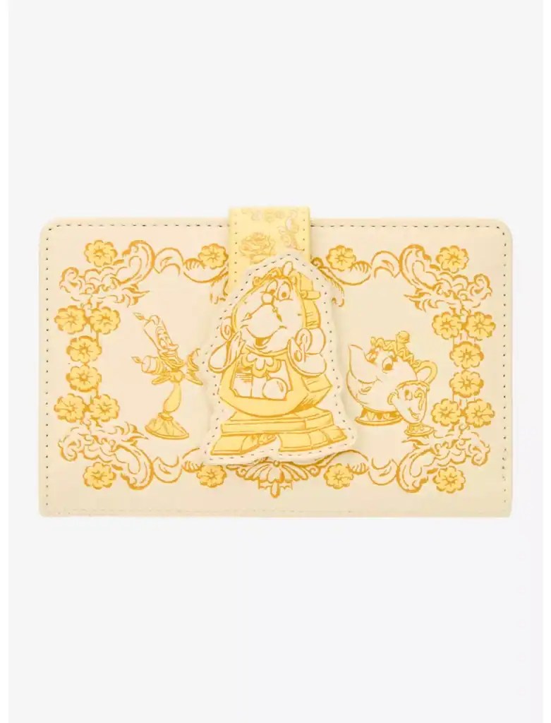 Elegant Disney princess wallet featuring gold floral accents and character illustrations.