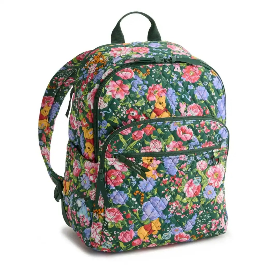 Backpack featuring Disney characters and vibrant floral design, perfect for kids and Disney fans.