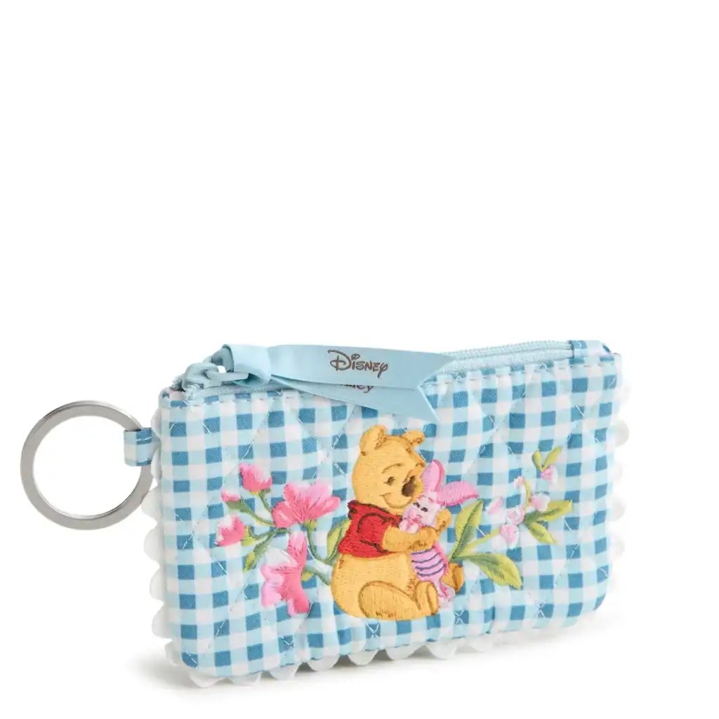 Disney Winnie the Pooh coin purse with floral embroidery and checkered pattern.