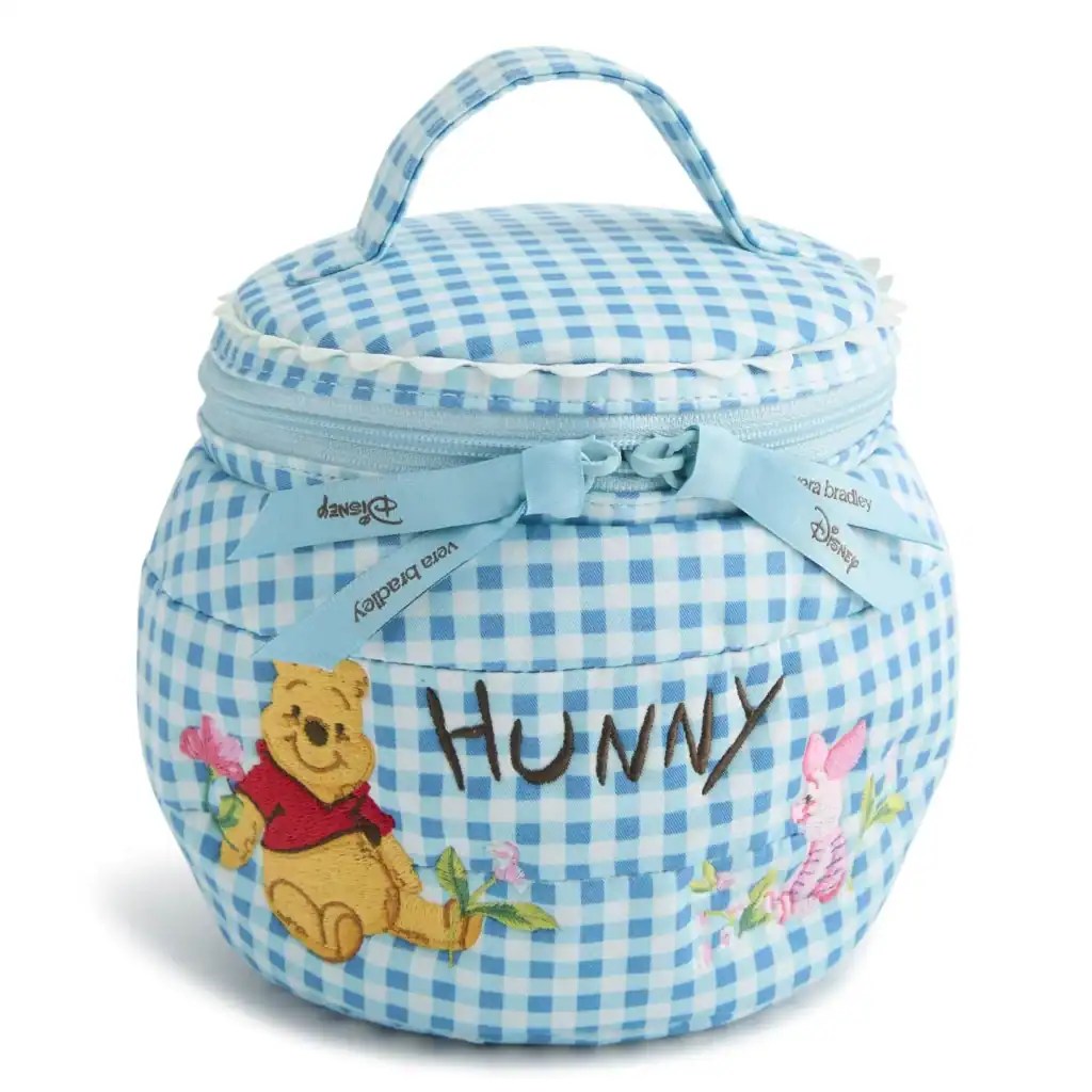 Blue gingham Winnie the Pooh lunch bag with embroidered characters and "HUNNY" text.