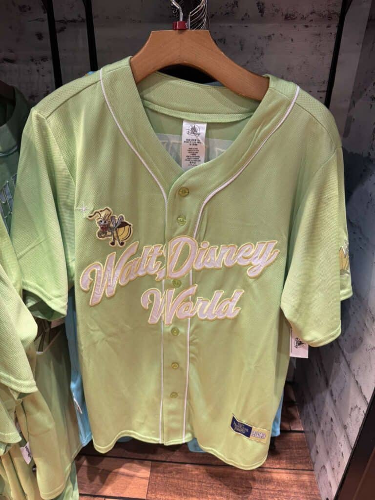 Disney World baseball jersey with pastel green color and "Walt Disney World" embroidery.