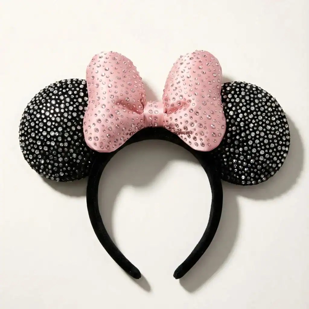 Pink and black rhinestone Minnie Mouse ears headband with a sparkling bow.