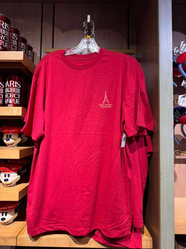 Red Disney Eiffel Tower graphic T-shirt for fans of Paris and Disney.