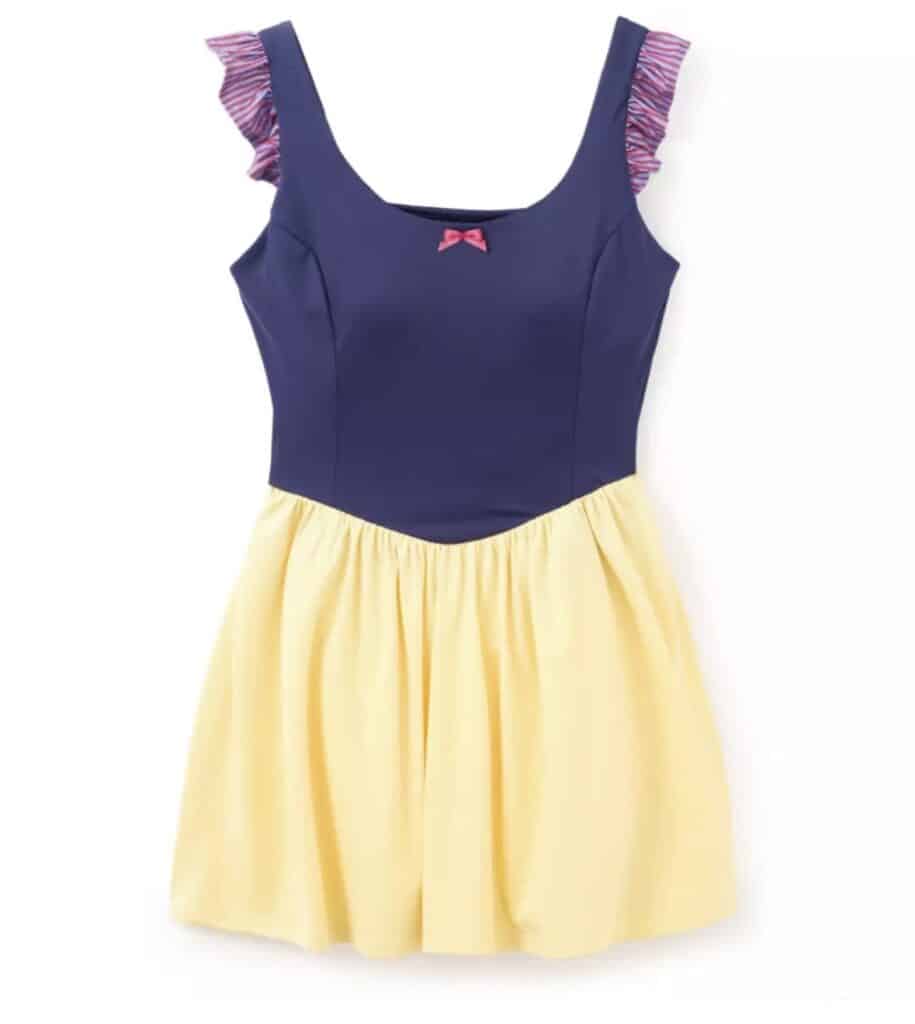 Girl's Disney princess dress with navy top and yellow skirt, ruffled shoulder straps, and pink bow d.