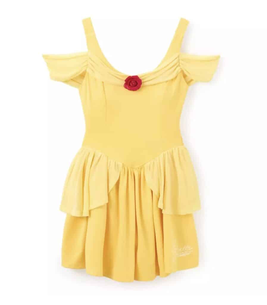 Beautiful yellow Disney princess dress with ruffled off-shoulder design and red rose embellishment.