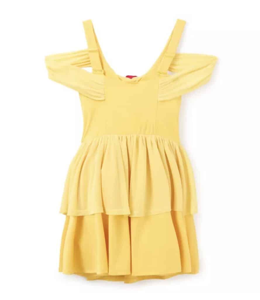 Yellow Disney-inspired dress with ruffled shoulders and layered skirt.