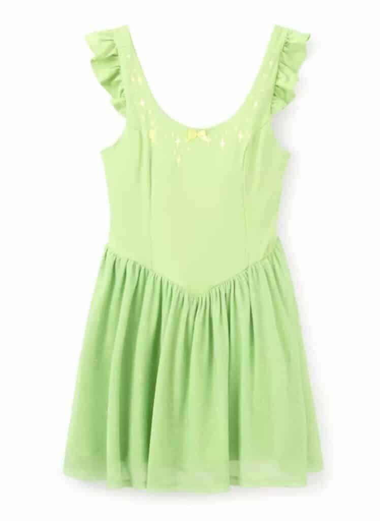 Lime green Disney princess dress with ruffled shoulder straps and tulle skirt.
