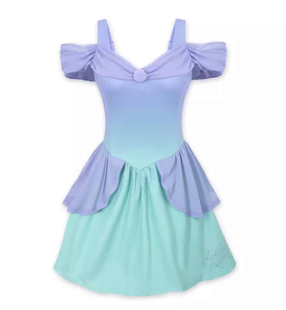 Colorful Disney princess dress with ruffled sleeves and layered skirt.