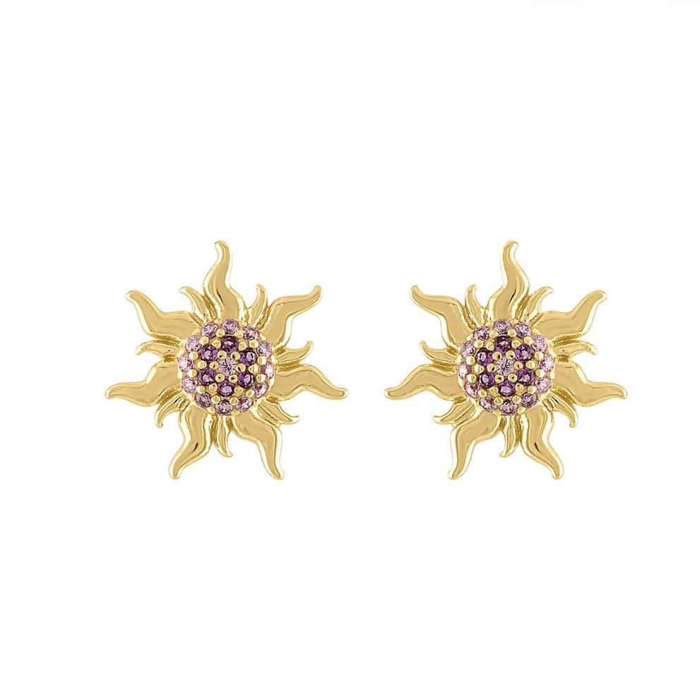 Gold sunburst earrings with pink gemstones, Disney-inspired jewelry.