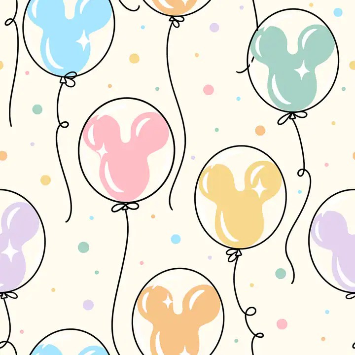 Colorful Disney-themed balloon pattern with Mickey Mouse silhouettes.
