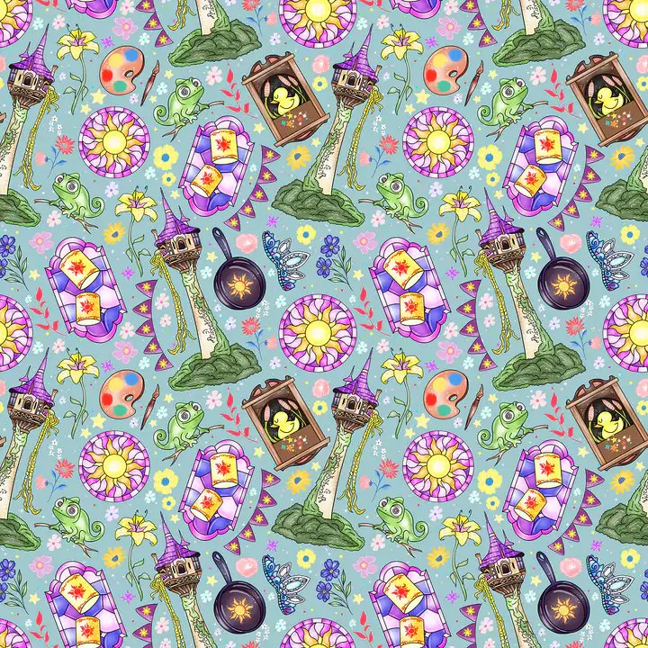 Enchanting Disney-inspired pattern featuring castles, frogs, and fairy tale elements for fashion and.