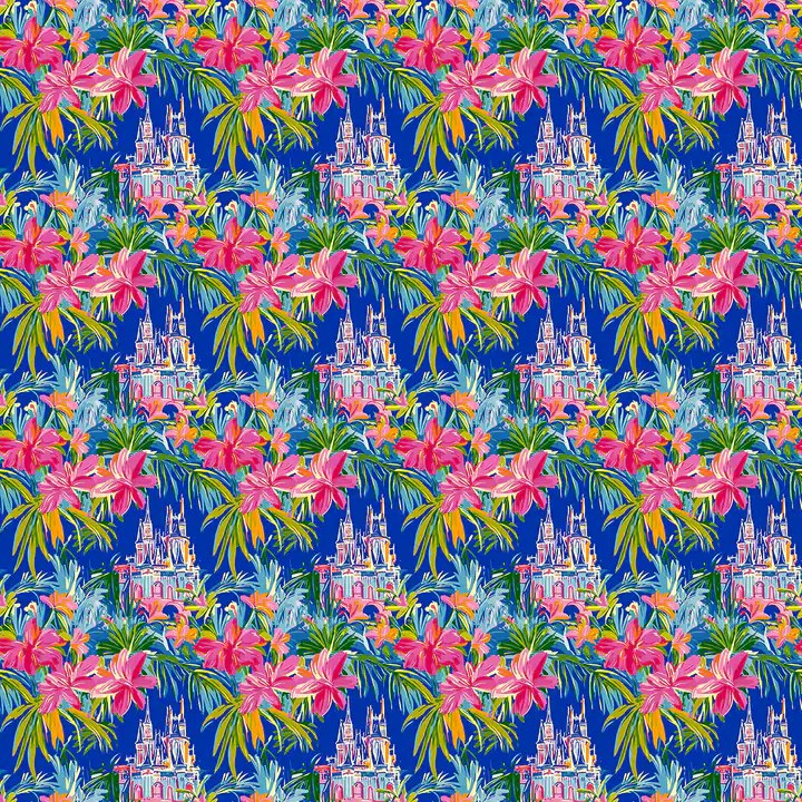 Colorful tropical pattern featuring Disney castle and vibrant flowers.