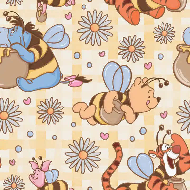 Adorable Winnie the Pooh, Piglet, and Tigger characters with bee wings on floral background.