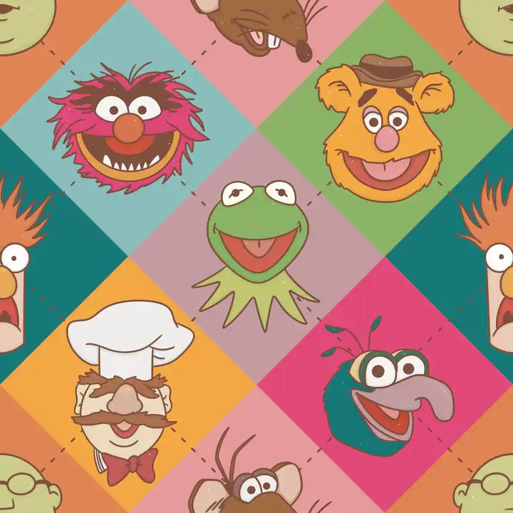 Colorful Muppet characters pattern featuring Sesame Street and The Muppets.