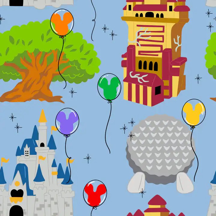 Disney castle, balloon pattern, and fantasy elements on blue background.