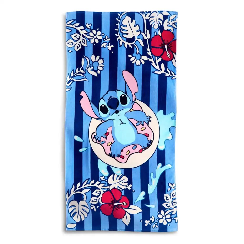 Lilo and Stitch beach towel with tropical floral design in blue and red.