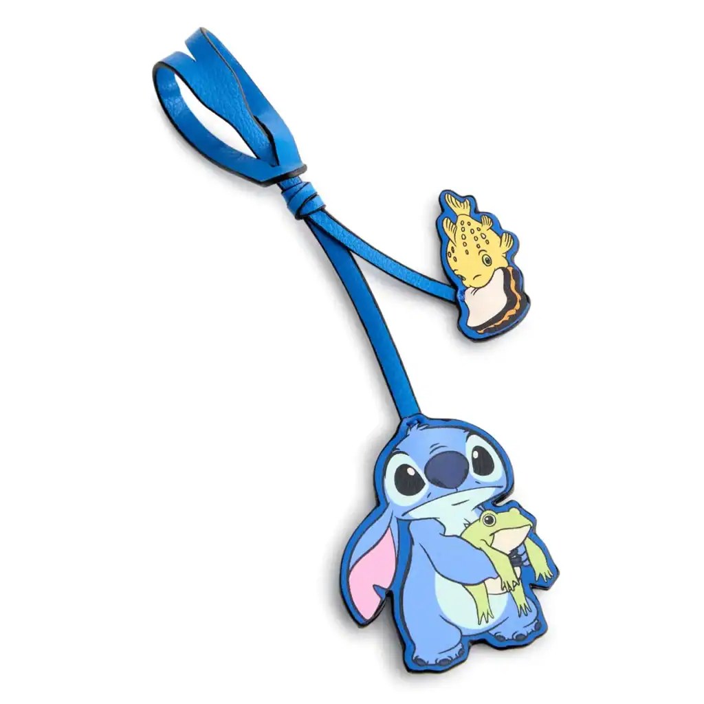 Disney Stitch and Flounder silicone keychain with blue strap.