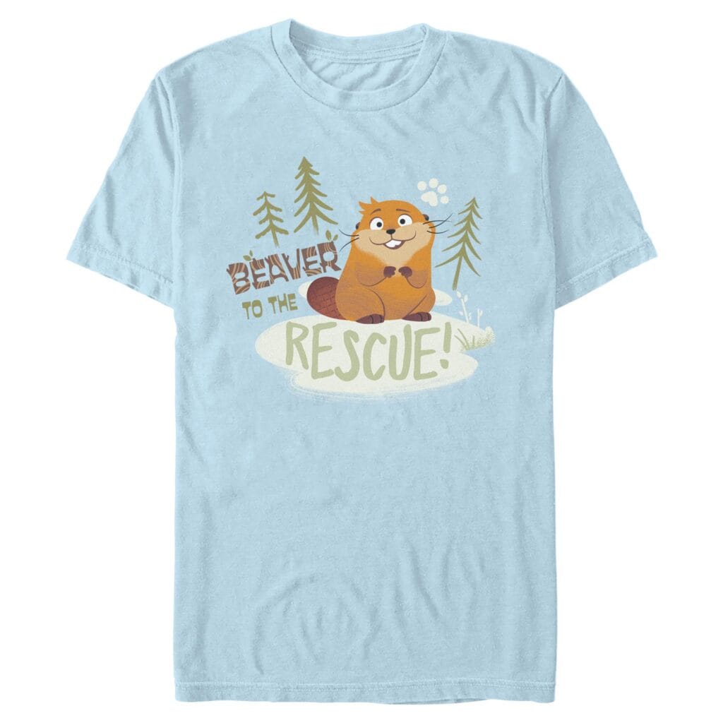 Cute beaver graphic with trees and rescue message on light blue T-shirt.