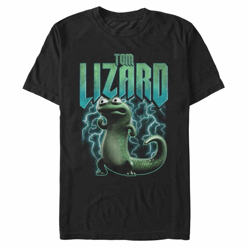 Black T-shirt featuring Tom Lizard from Disney's The Rescuers with lightning design.