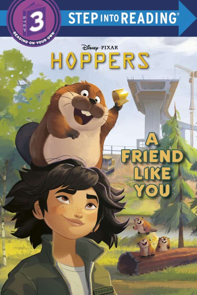 Disney Pixar Hoppers book cover featuring a girl and a friendly otter character.