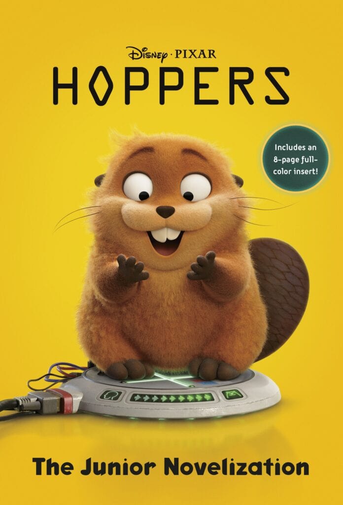 Gizmo the hamster from Disney's Hoppers, standing on a control panel with a bright yellow background.