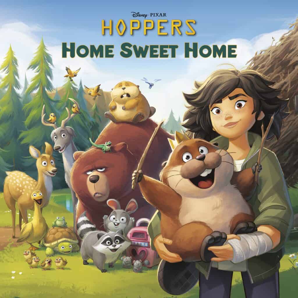 Disney's Hoppers characters in a lush forest setting with animal friends.