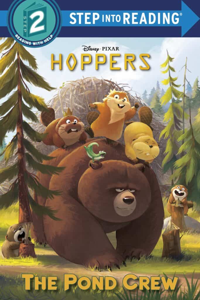 Disney Pixar Hoppers The Pond Crew book cover with animated animal characters in a forest setting.