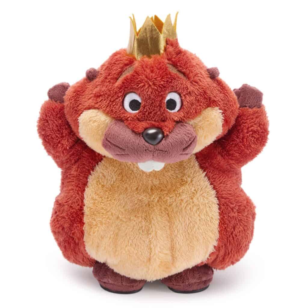Disney plush chipmunk wearing a gold crown, soft and cuddly, perfect for Disney fans.