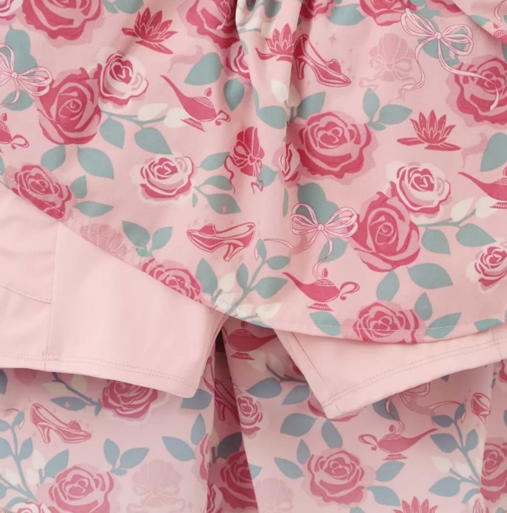 Pink floral pajama set with roses and birds, perfect for Disney fashion fans.