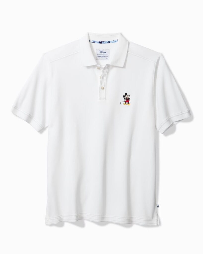 White polo shirt featuring Mickey Mouse embroidery, perfect for Disney fans.