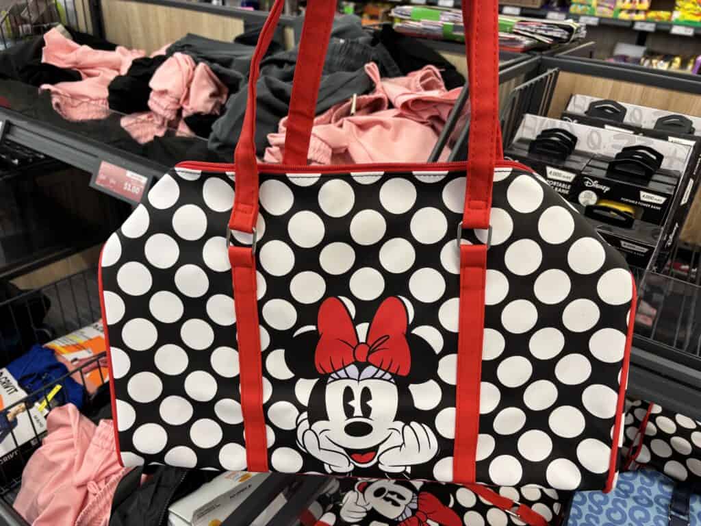 Minnie Mouse tote bag with black and white polka dots and red accents.