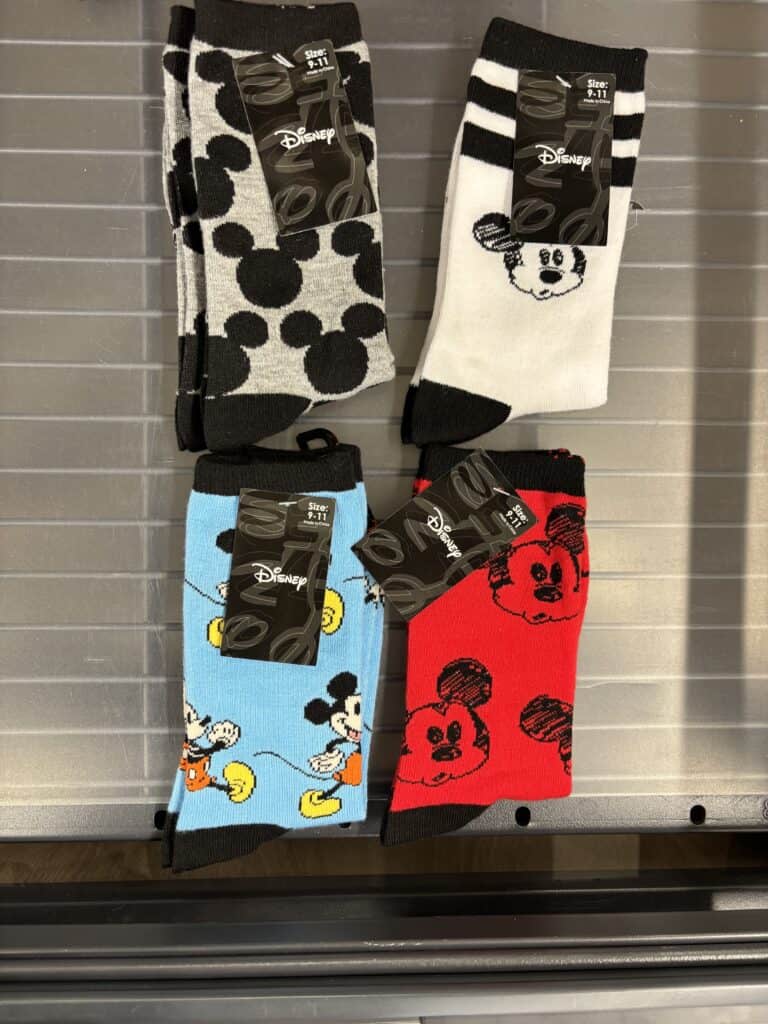 Disney character socks featuring Mickey Mouse, Minnie Mouse, and other beloved characters.