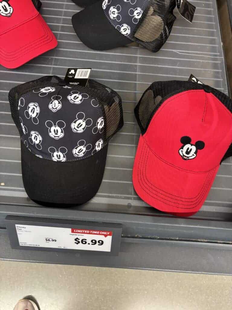 Mickey Mouse trucker hats with black and red designs, perfect for Disney fans.