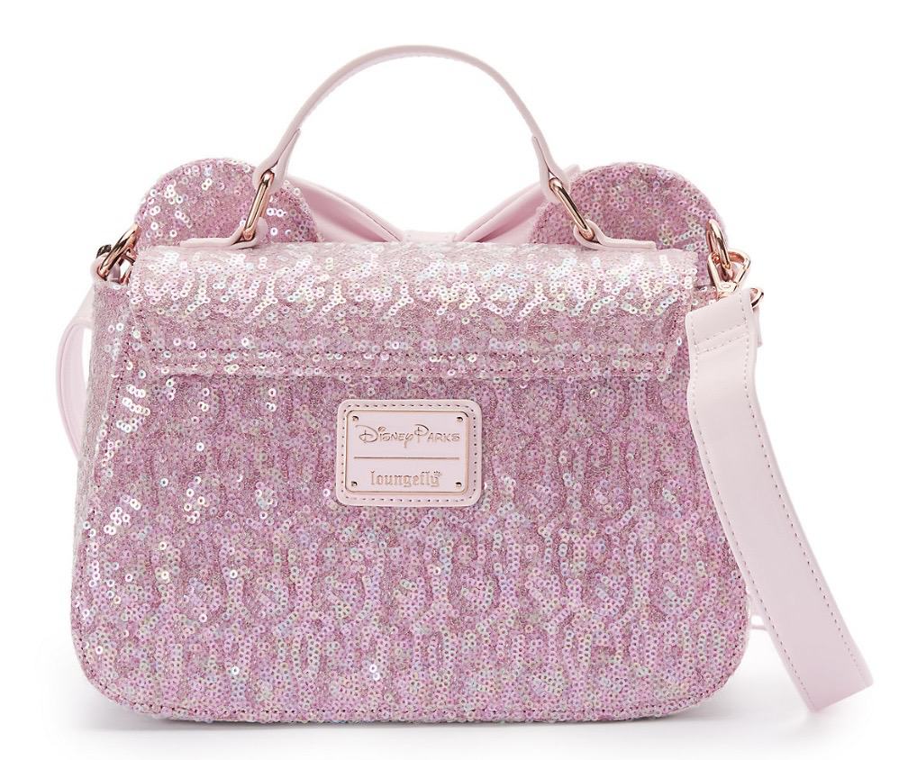 Sequin Disney Loungefly pink handbag with Minnie Mouse ears detail.