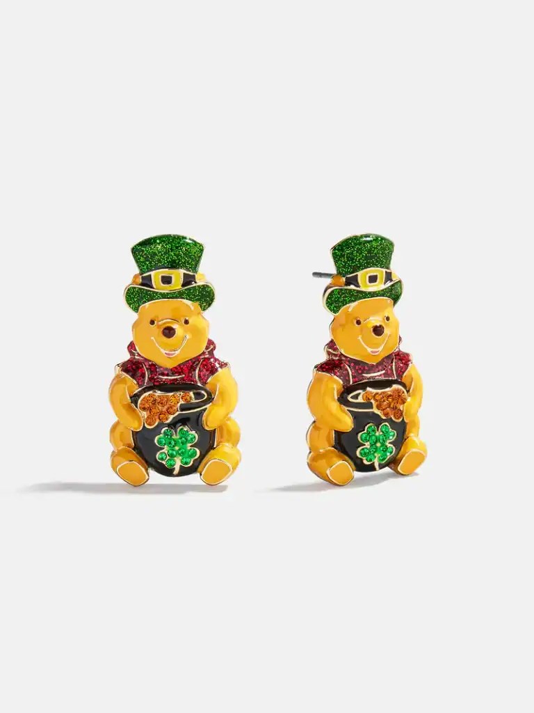 Festive Winnie the Pooh earrings with leprechaun hats, perfect for St. Patrick's Day celebrations.