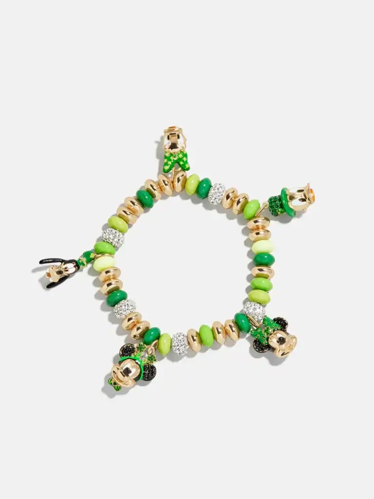Disney themed beaded charm bracelet with green, gold, and black accents.